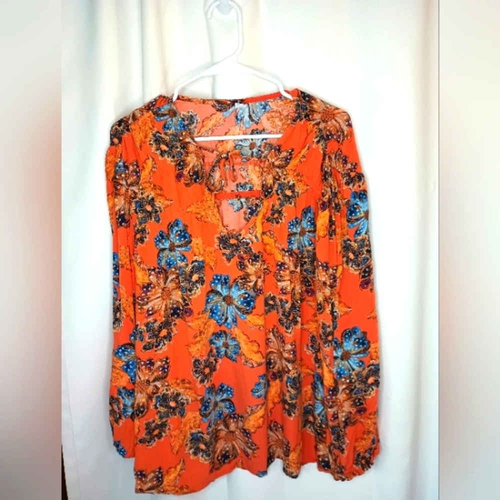 Old Navy 2X Orange Floral Peasant Top Balloon Sleeve Flowy Fall Boho